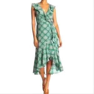 Max Studio Ruflle Wrap Green Floral Midi Dress Size Large